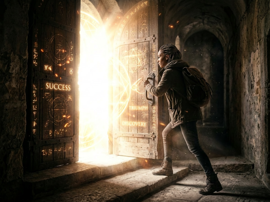 Person opening ancient wooden door bright light glowing magical symbols words success triumph discovery