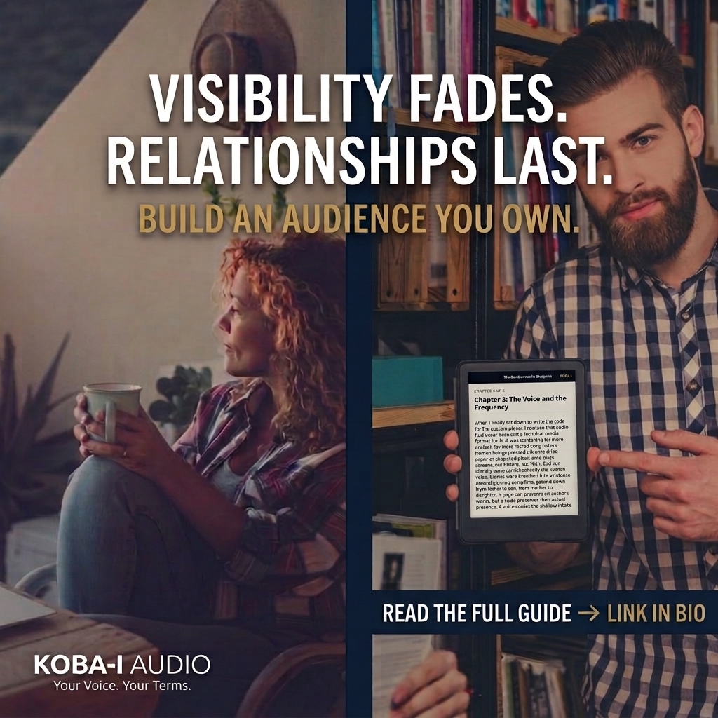 Split-image graphic showing a woman relaxing with coffee and a man holding an e-reader, with the words “Visibility fades. Relationships last. Build an audience you own.”