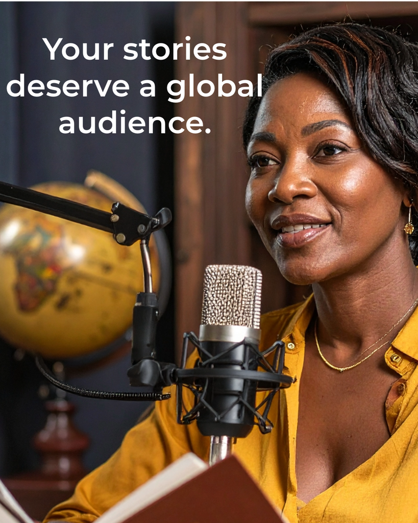 Woman speaking into a microphone to sell audiobook direct to her fans.