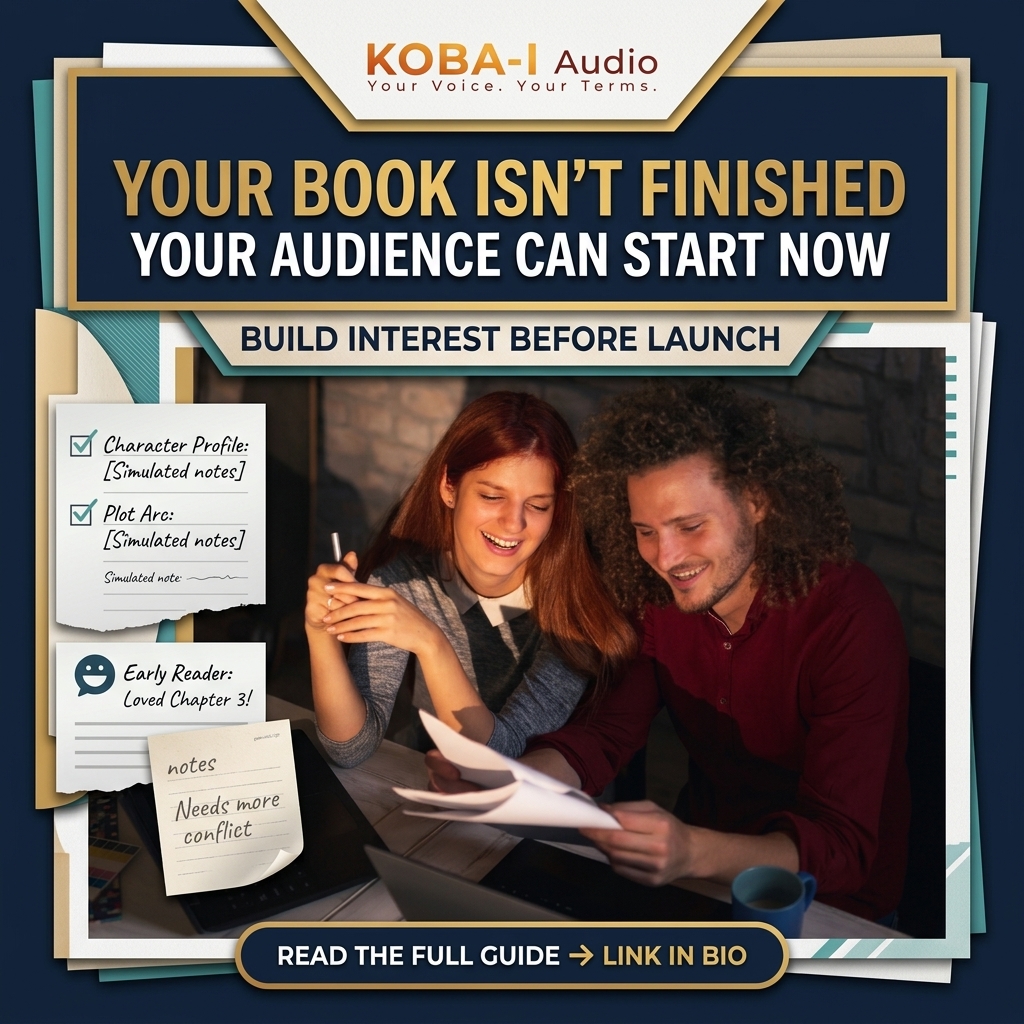 Book Marketing Before Launch — Build Your Audience Early Fiction author working on an unfinished manuscript surrounded by character portraits and research notes, with a message about building an audience before publication.