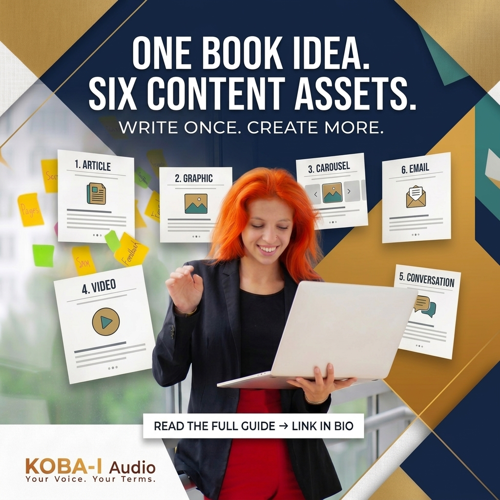 Content Repurposing for Authors: One Idea, Six Assets Author planning content at a desk, with a graphic explaining how one book idea becomes six assets: article, graphic, carousel, video, conversation, and email.