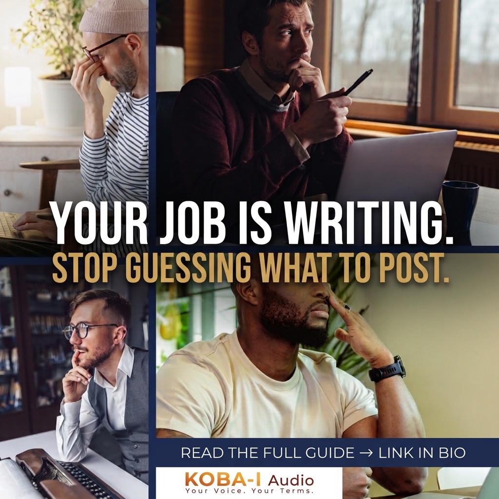 Collage of four men looking frustrated or thoughtful while working, with the message “Your job is writing. Stop guessing what to post.”