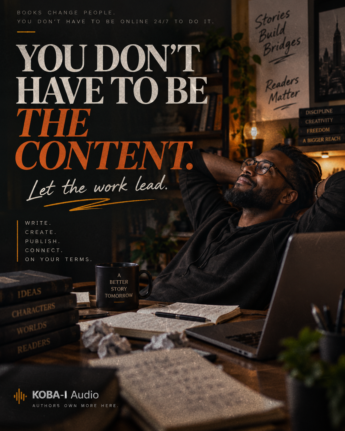Independent author working at a desk, illustrating book marketing for introverts without becoming a full-time influencer.